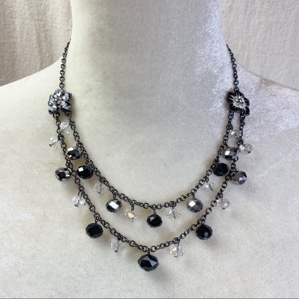 Gunmetal black white hibiscus flower double chain glass bead necklace